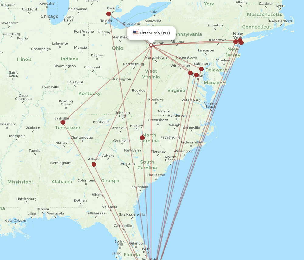 PIT to MIA flights and routes map