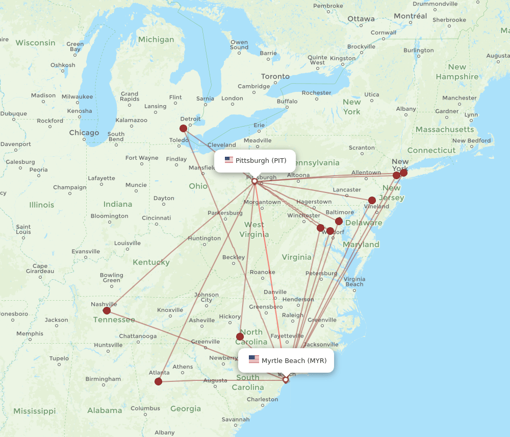 PIT-MYR flight routes