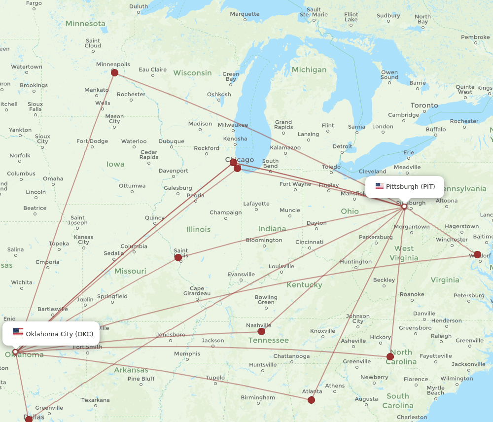 PIT-OKC flight routes