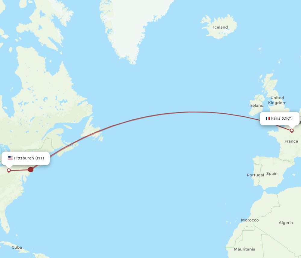 Pittsburgh - Paris route map and flight paths