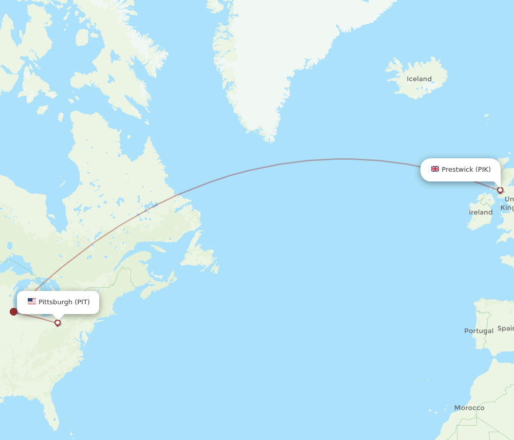 Pittsburgh - Glasgow route map and flight paths