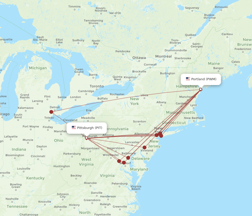 PIT to PWM flights and routes map