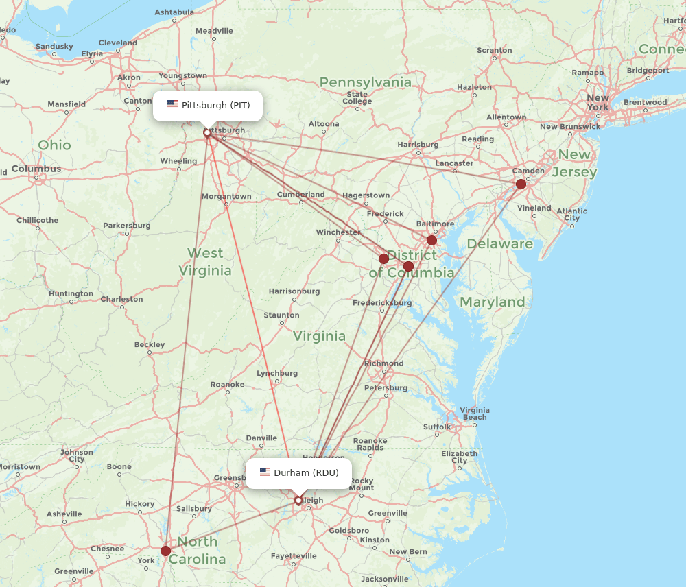 PIT to RDU flights and routes map