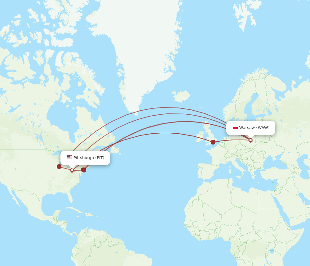 PIT to WAW flights and routes map