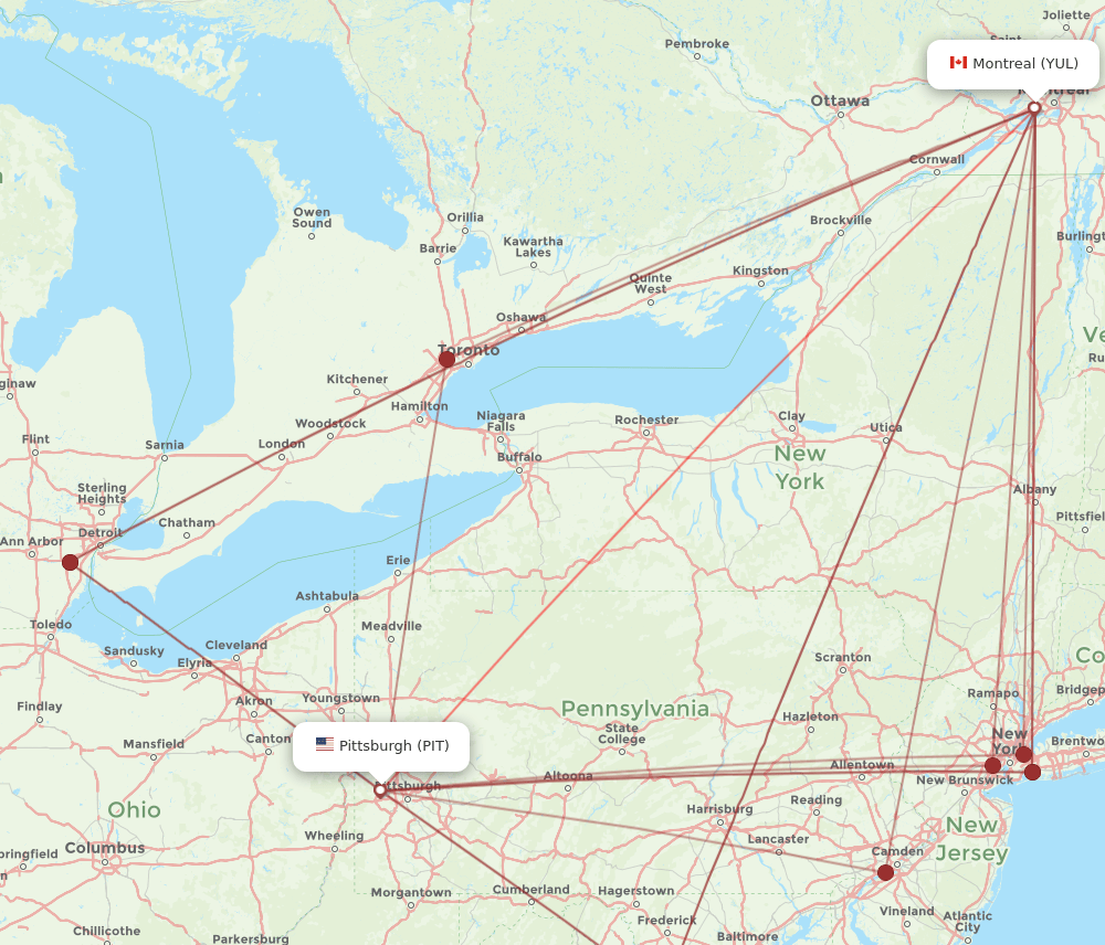 PIT-YUL flight routes