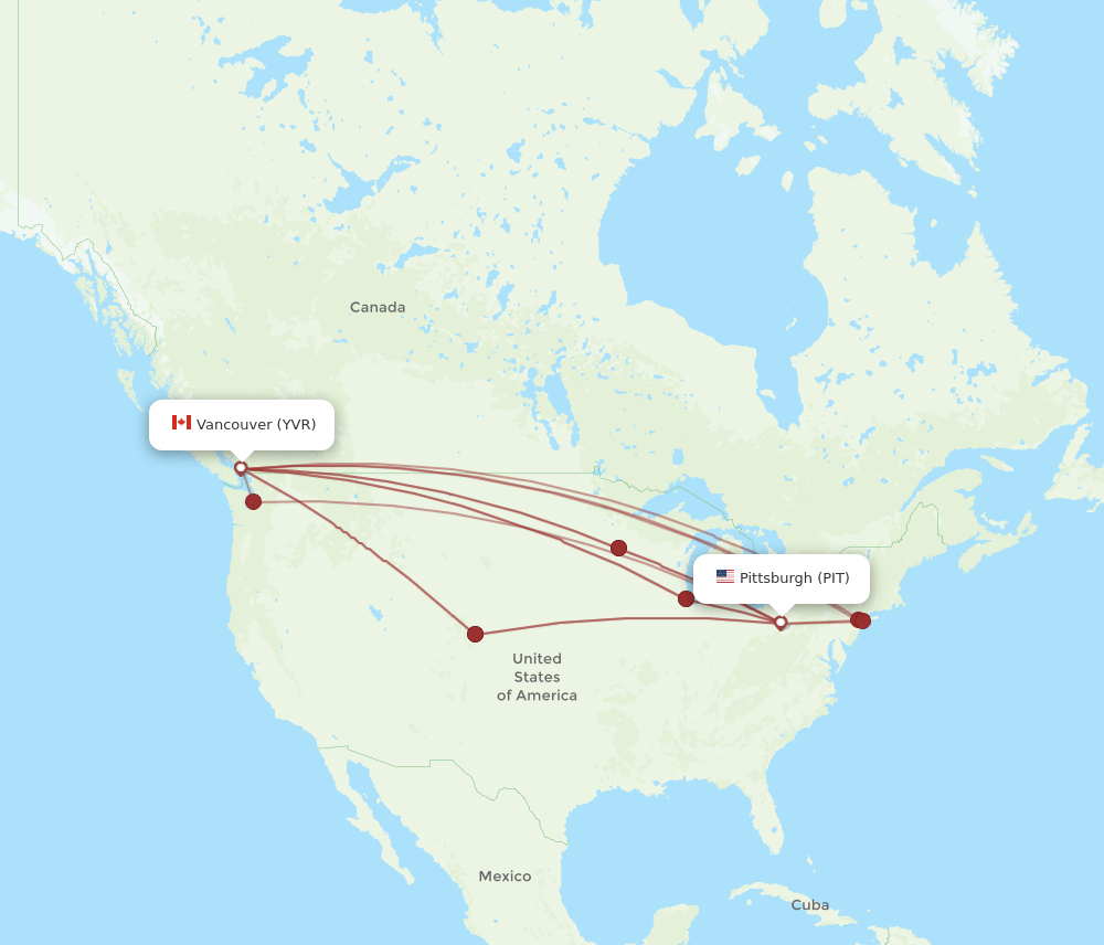 Vancouver - Pittsburgh route map and flight paths