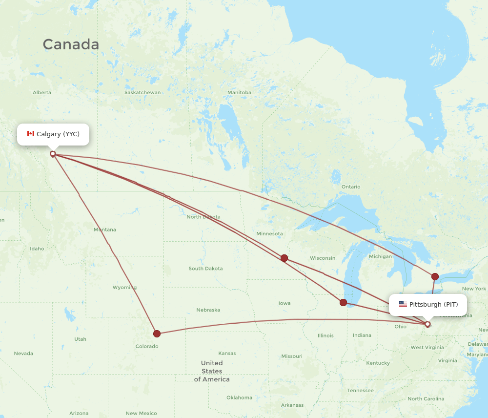 Calgary - Pittsburgh route map and flight paths
