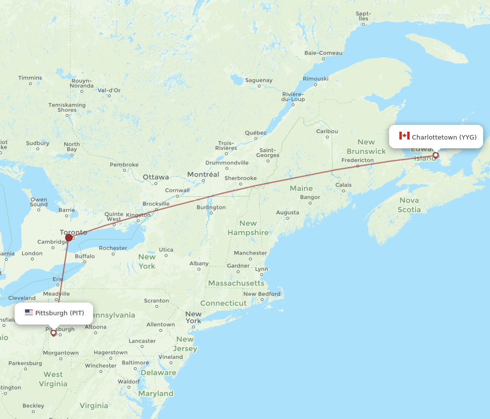 Charlottetown - Pittsburgh route map and flight paths