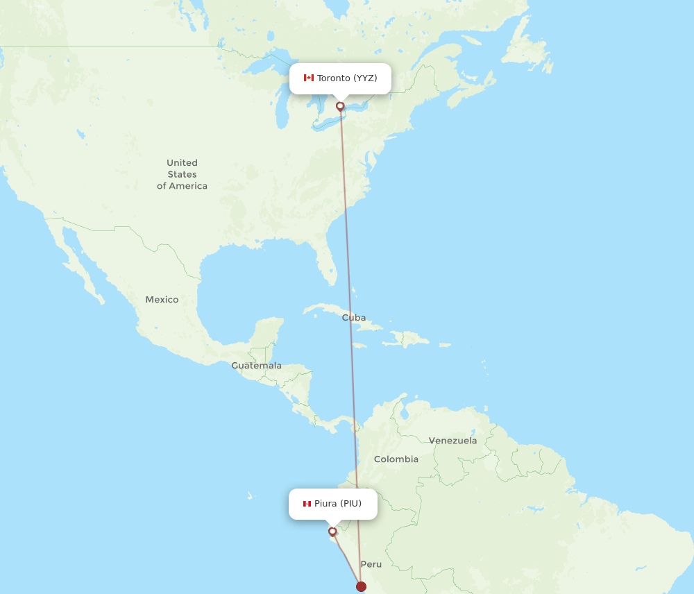 Toronto - Piura route map and flight paths
