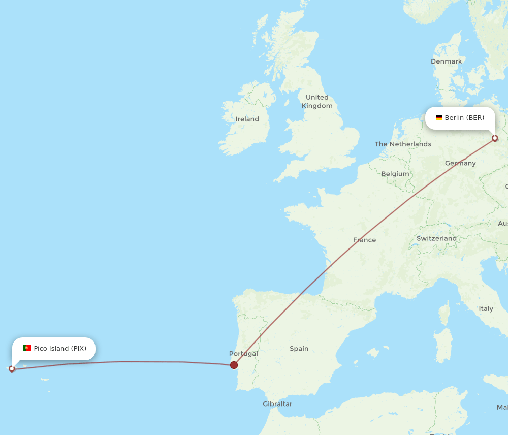 Pico Island (Azores) - Berlin route map and flight paths