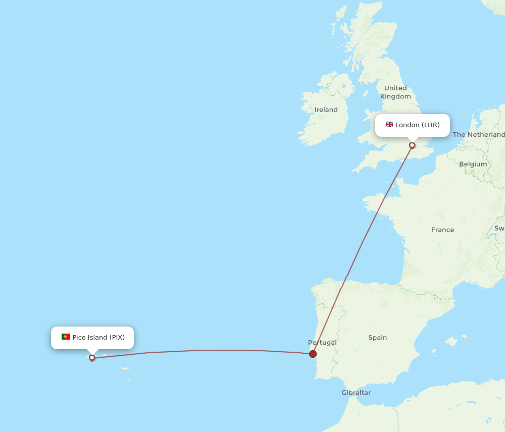 PIX to LHR flights and routes map