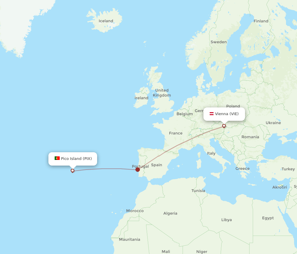 Pico Island (Azores) - Vienna route map and flight paths