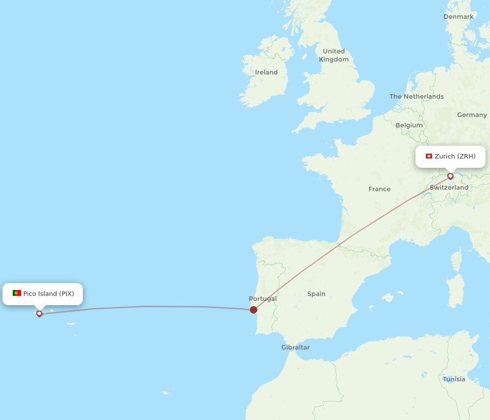 Zurich - Pico Island (Azores) route map and flight paths