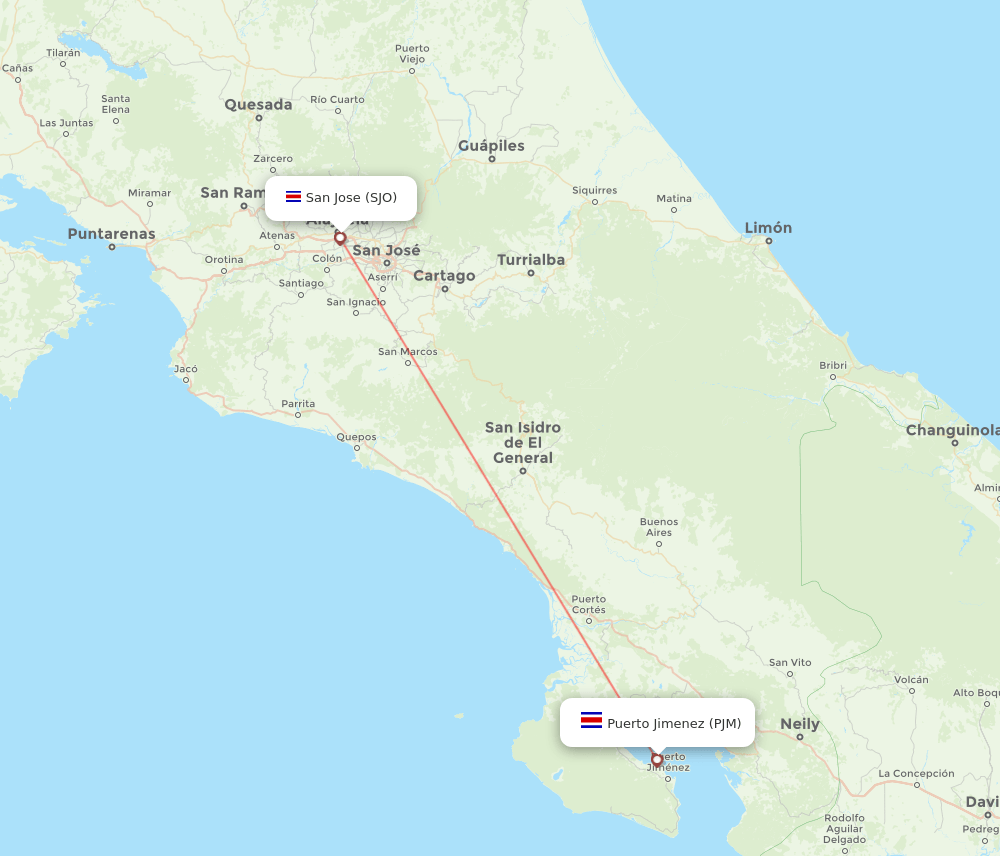 Puerto Jimenez - San Jose route map and flight paths