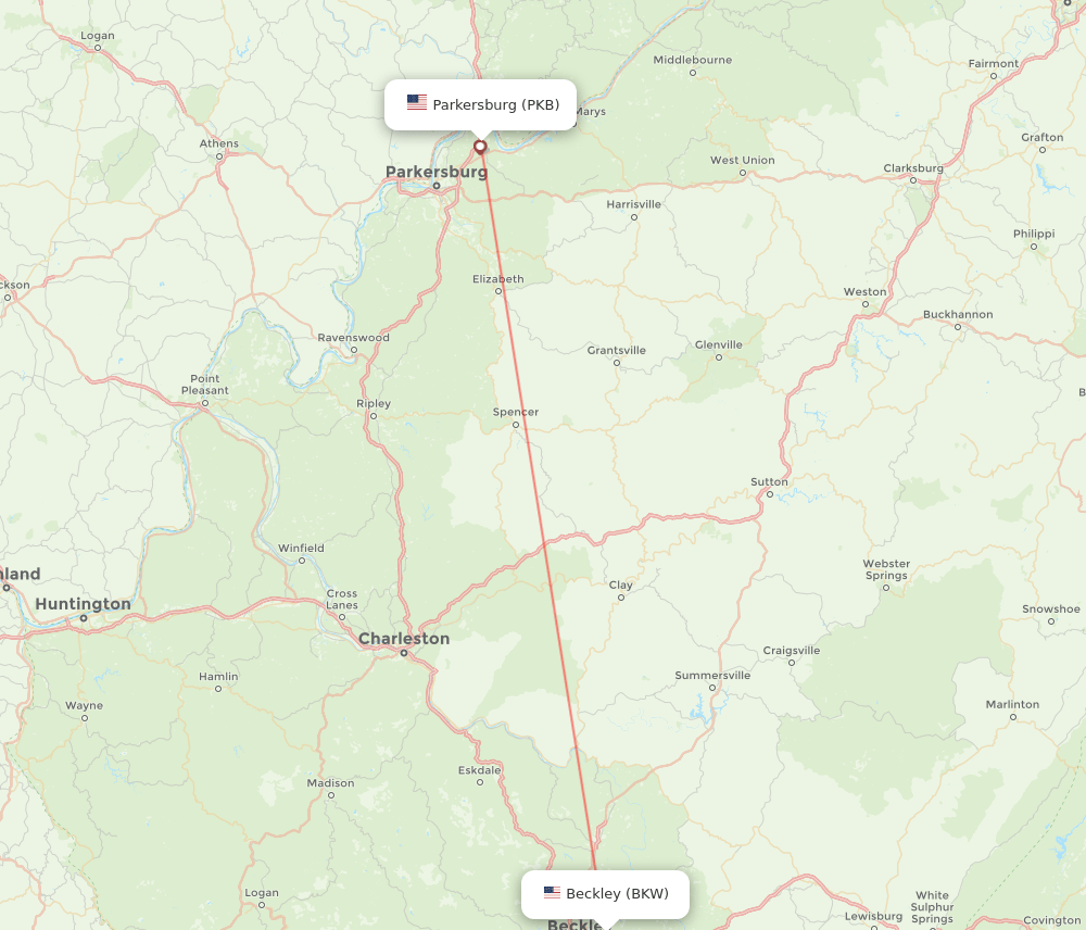 PKB to BKW flights and routes map