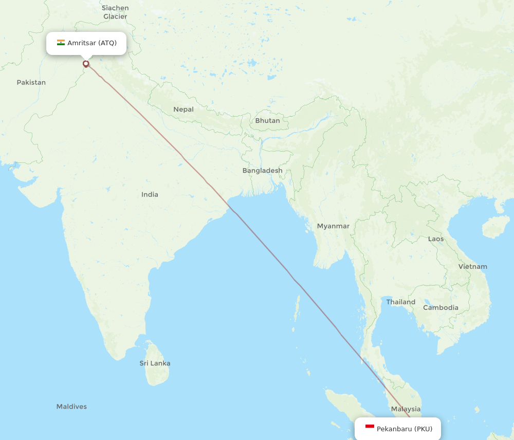 Amritsar - Pekanbaru route map and flight paths