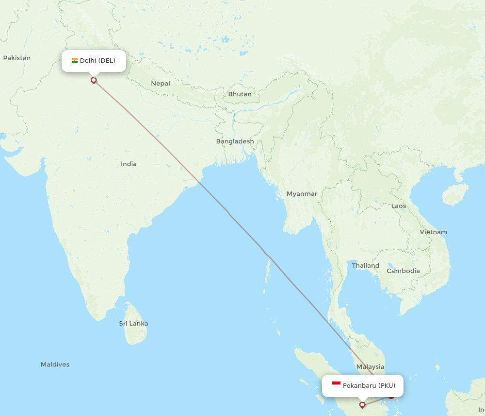 Delhi - Pekanbaru route map and flight paths