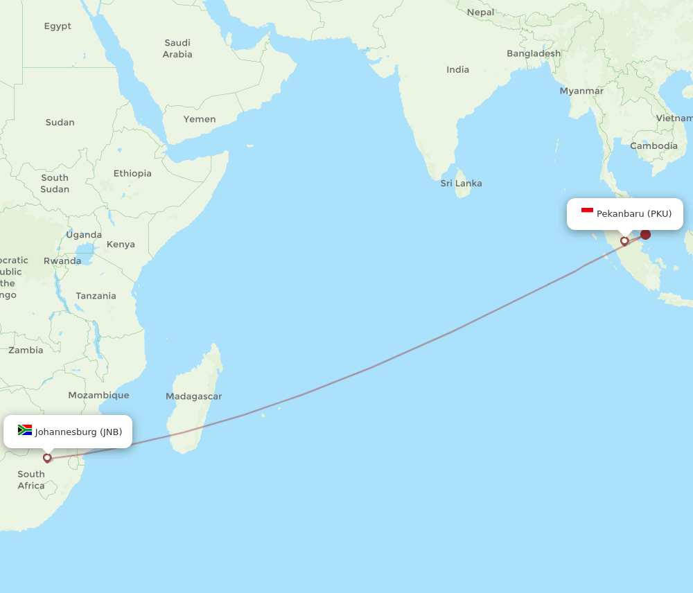 Johannesburg - Pekanbaru route map and flight paths