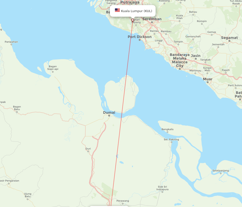 Pekanbaru - Kuala Lumpur route map and flight paths