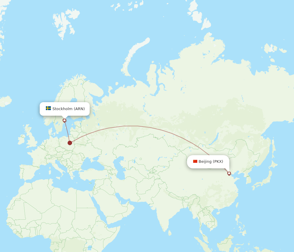 Beijing - Stockholm route map and flight paths