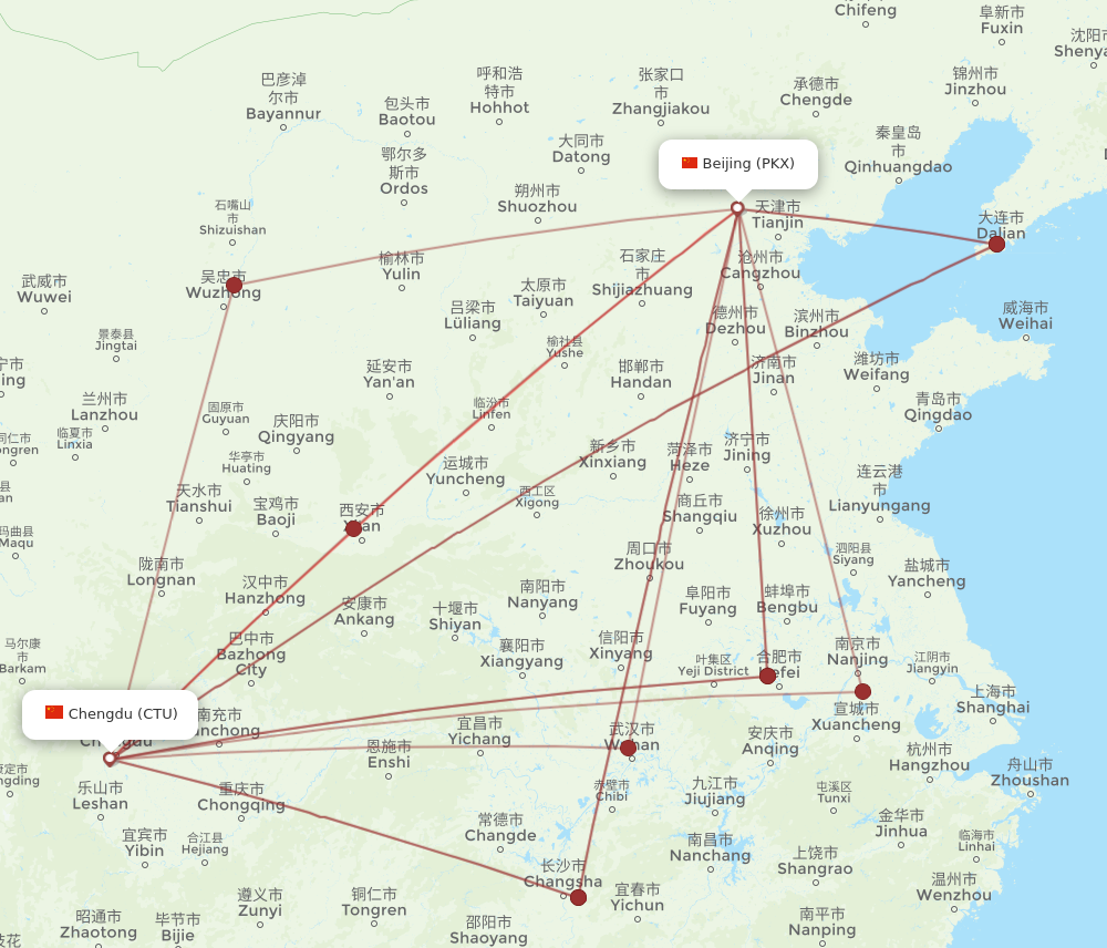 PKX to CTU flights and routes map