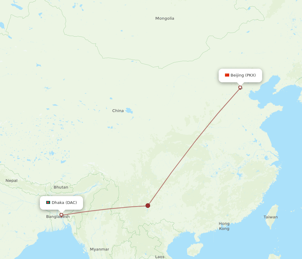 Dhaka - Beijing route map and flight paths