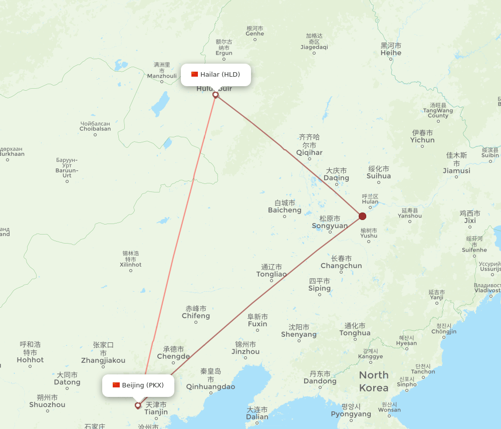 Beijing - Hailar route map and flight paths