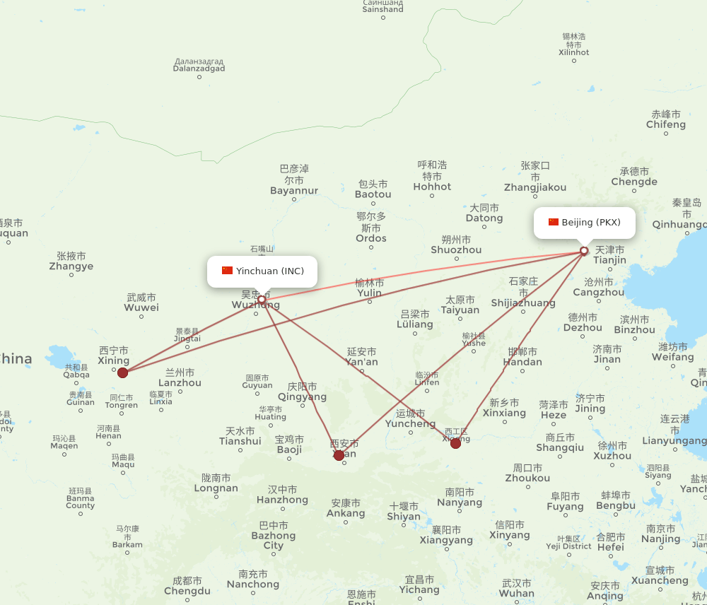 PKX to INC flights and routes map