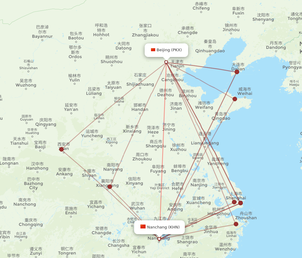 PKX to KHN flights and routes map