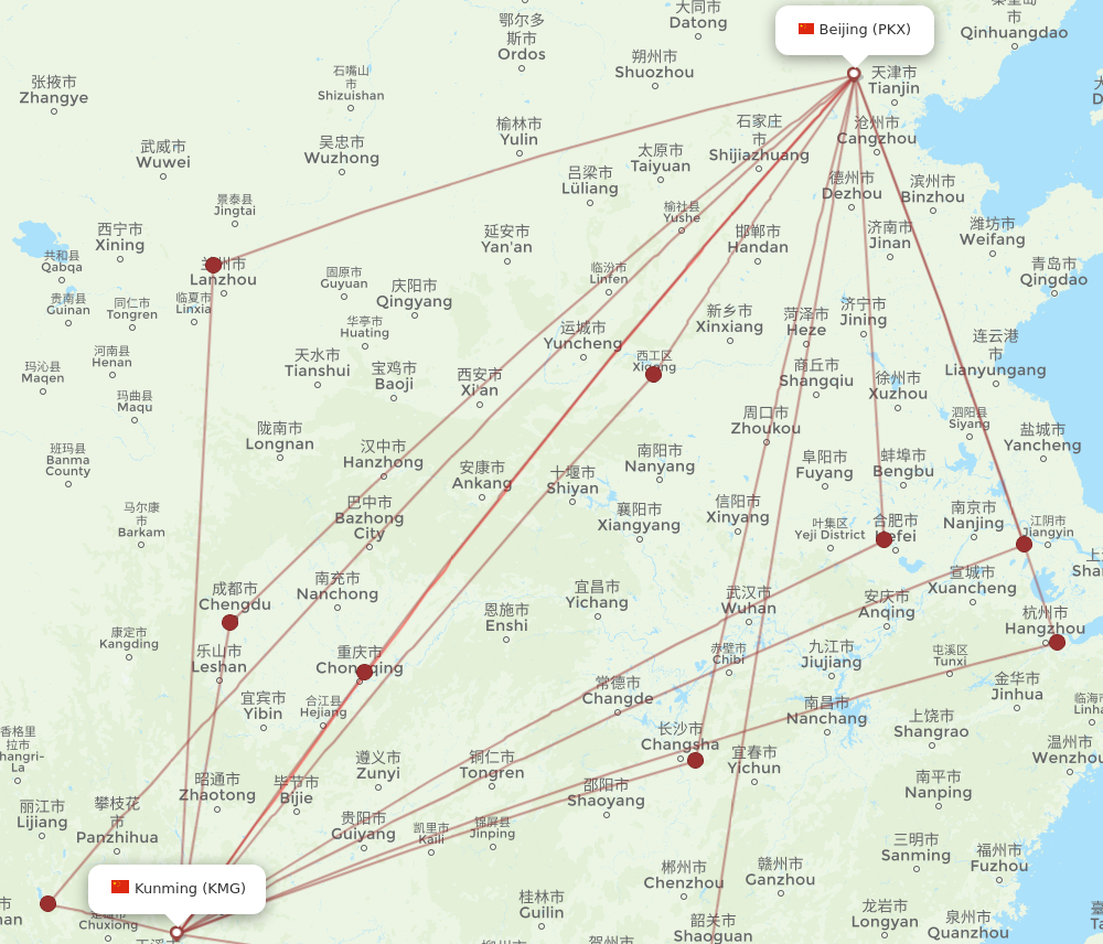 PKX to KMG flights and routes map