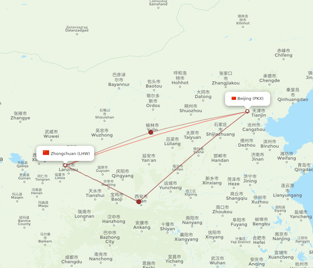 PKX to LHW flights and routes map