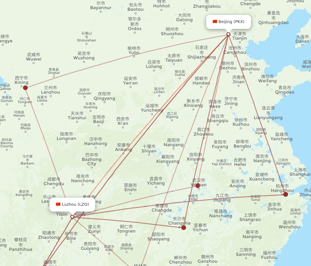 PKX to LZO flights and routes map