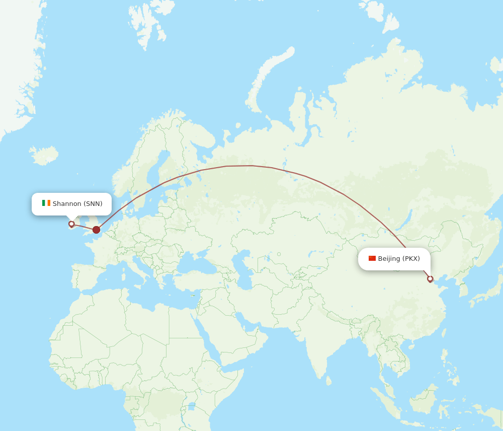 Shannon - Beijing route map and flight paths