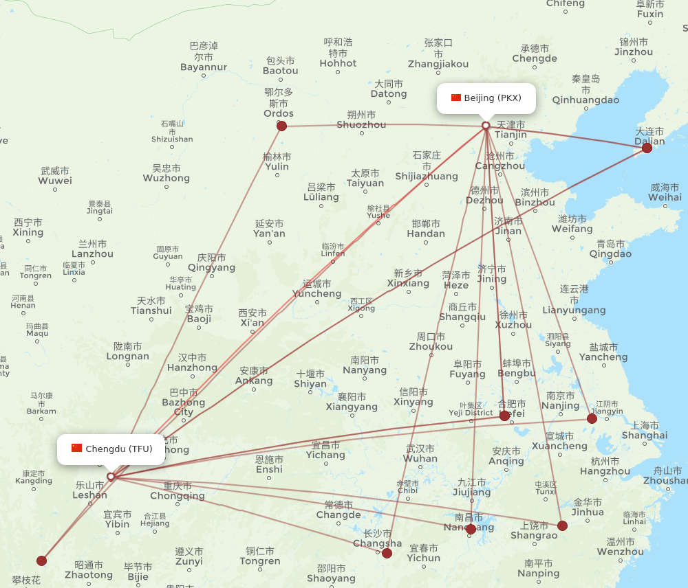 PKX to TFU flights and routes map