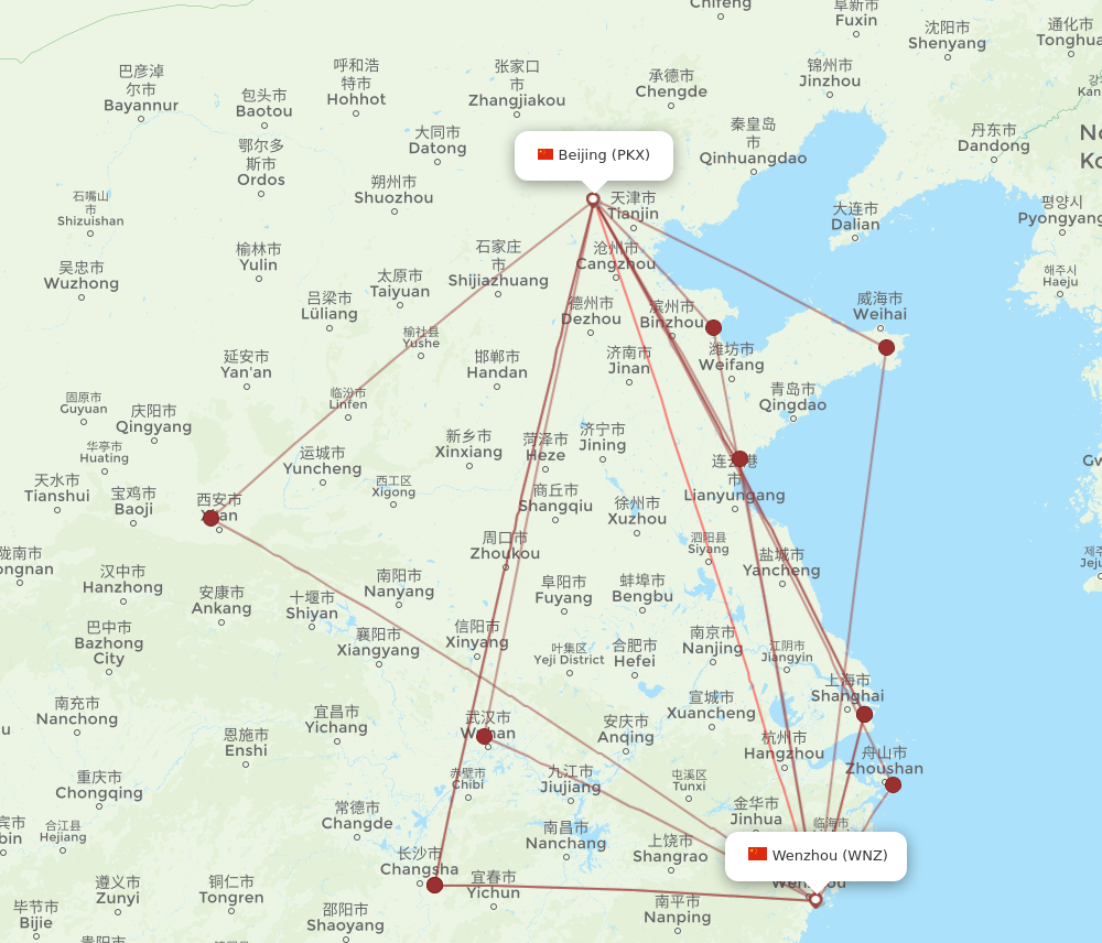 PKX to WNZ flights and routes map