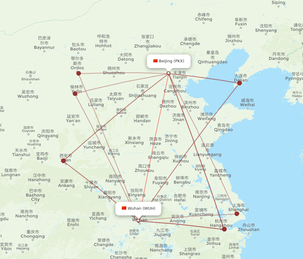 PKX to WUH flights and routes map