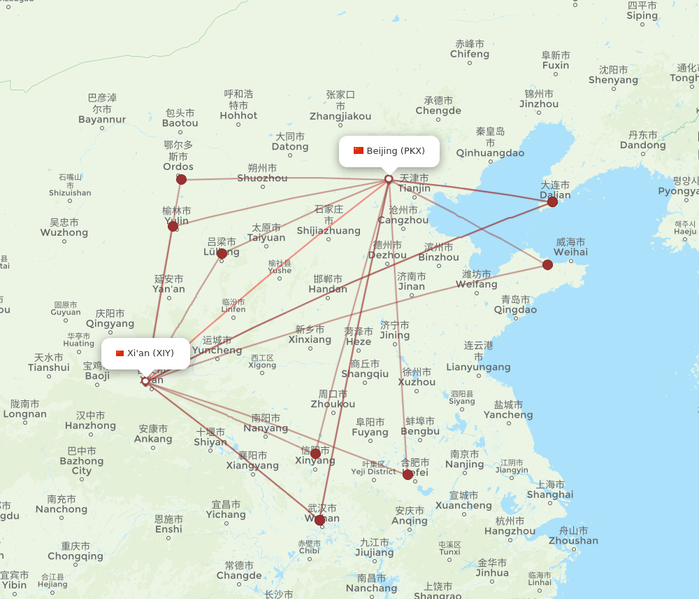 PKX to XIY flights and routes map