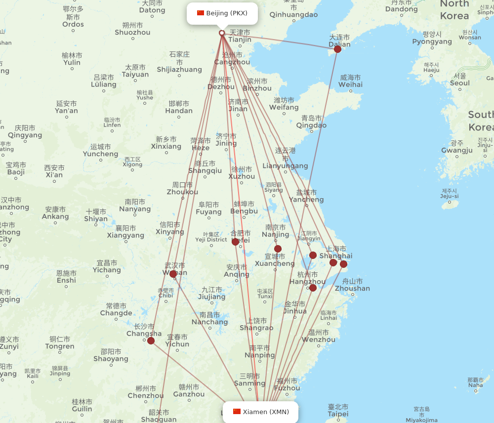 PKX to XMN flights and routes map