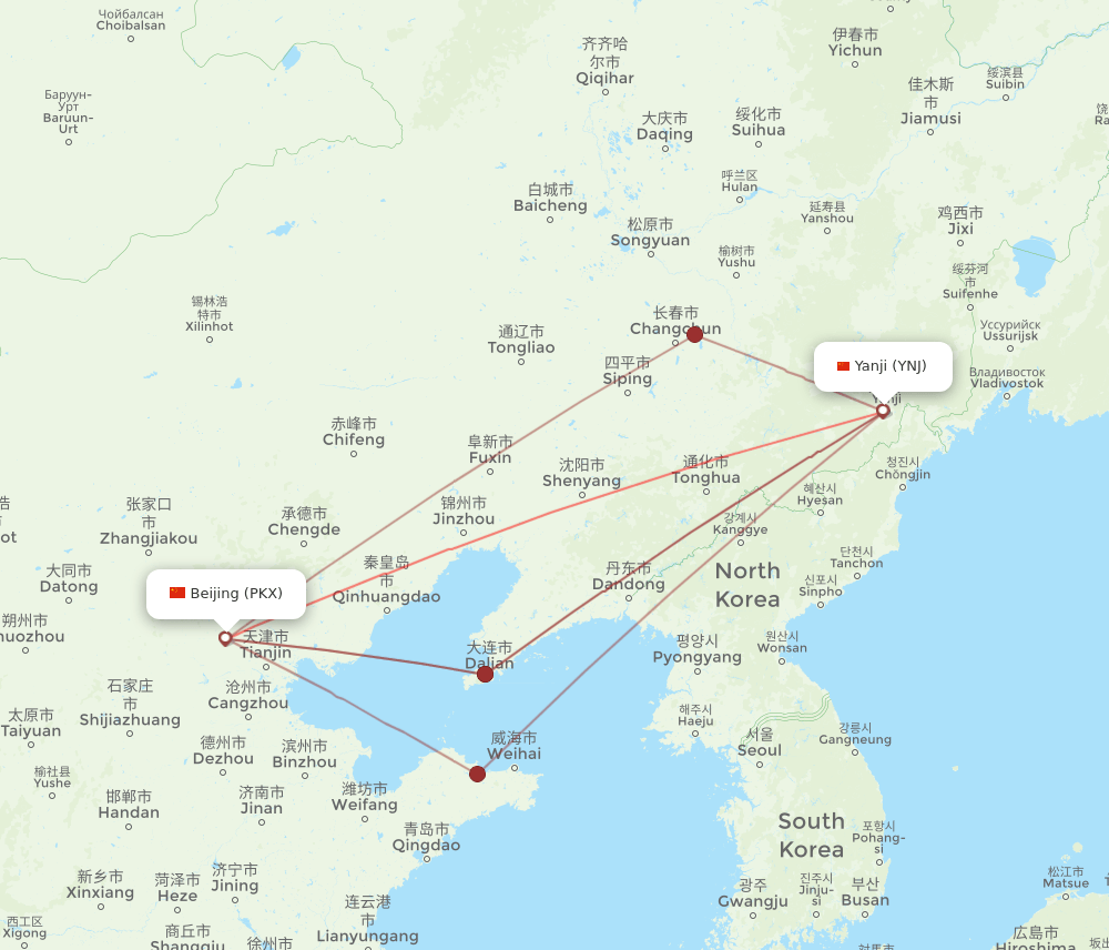 PKX to YNJ flights and routes map
