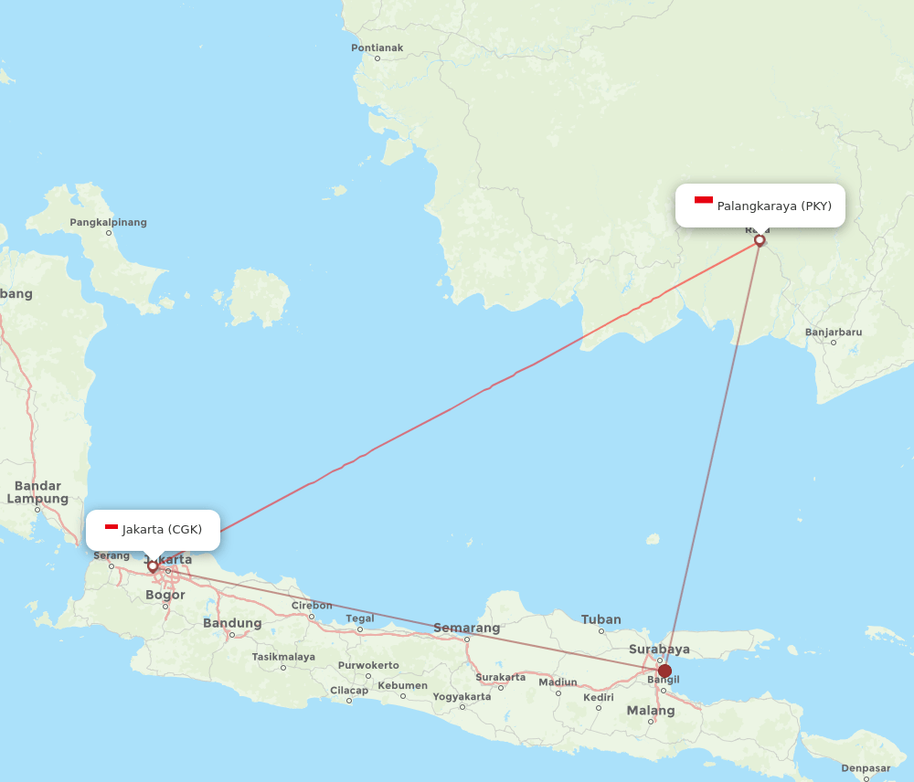 Palangkaraya - Jakarta route map and flight paths