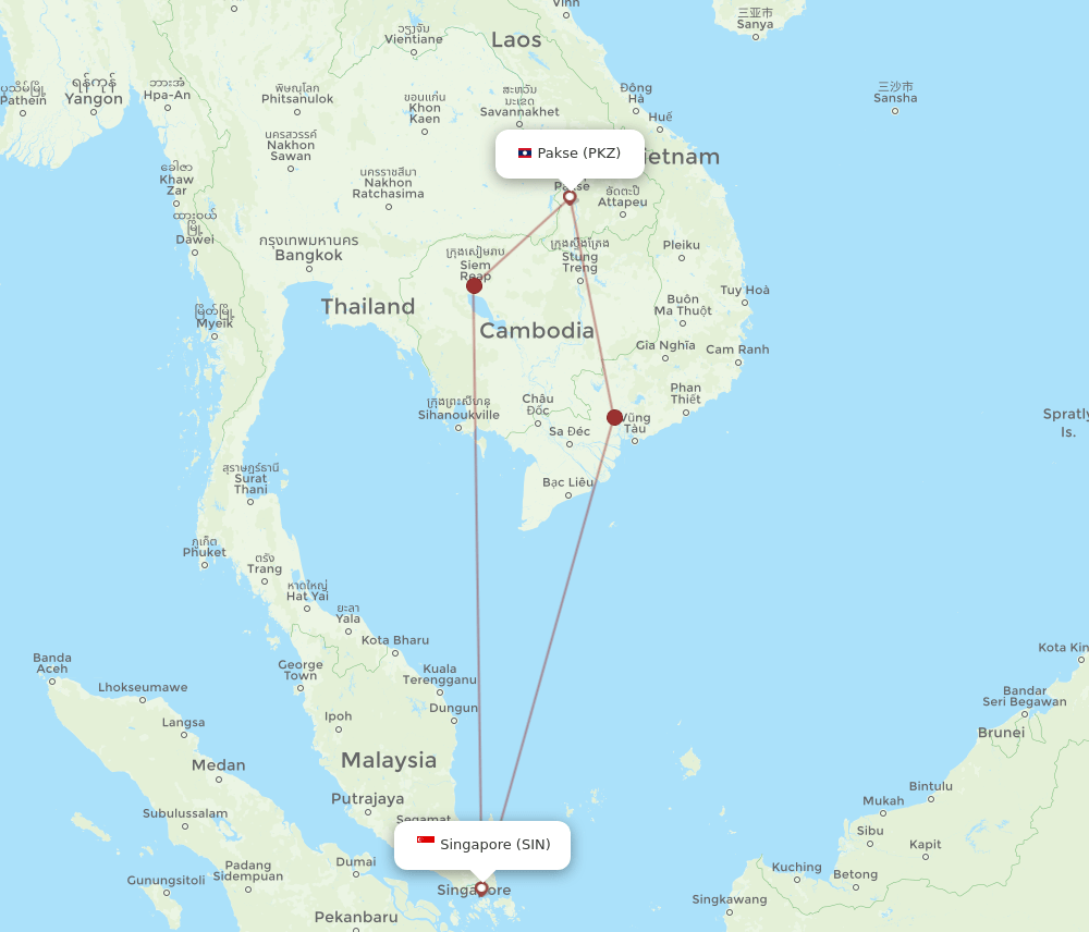 Singapore - Pakse route map and flight paths
