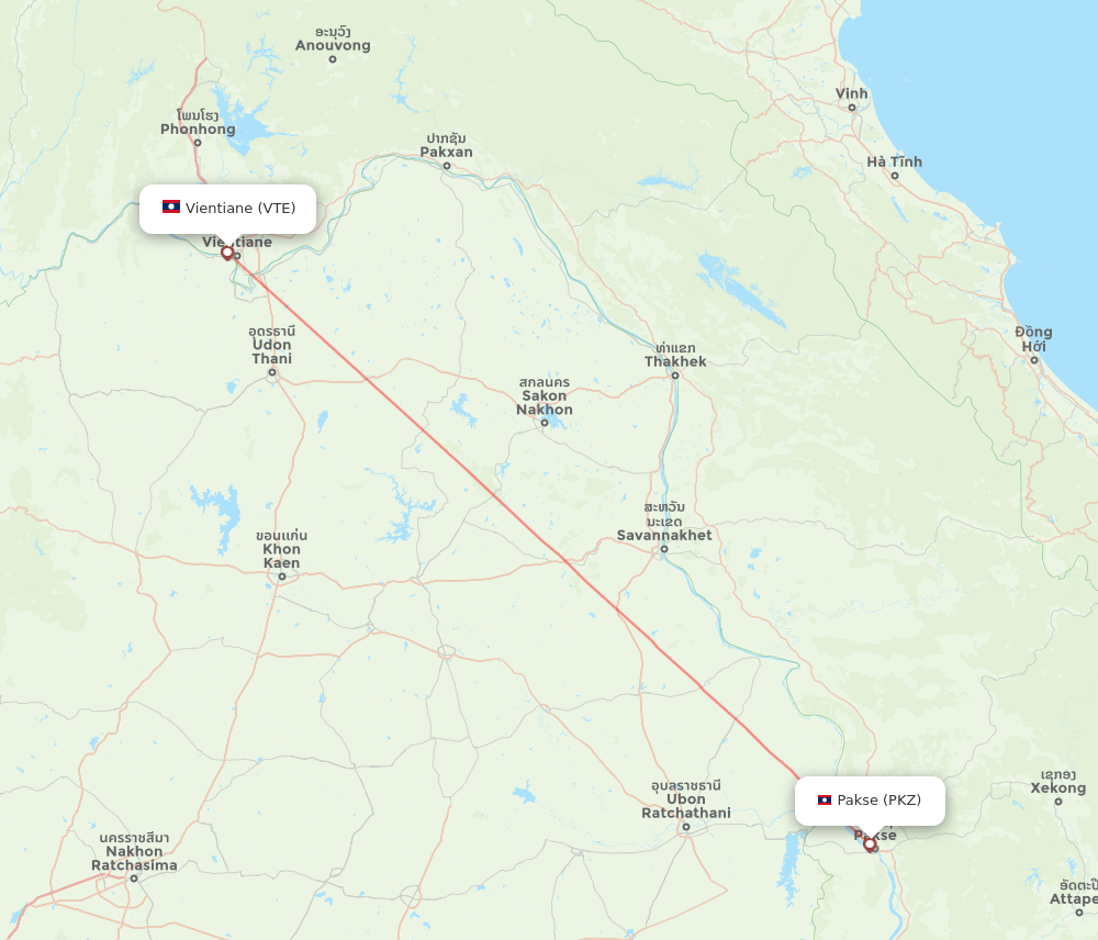 Pakse - Vientiane route map and flight paths