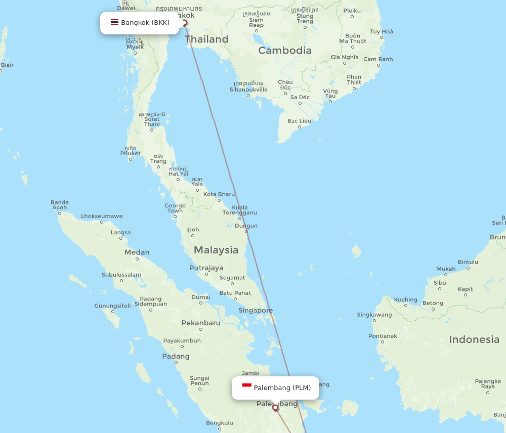 Bangkok - Palembang route map and flight paths