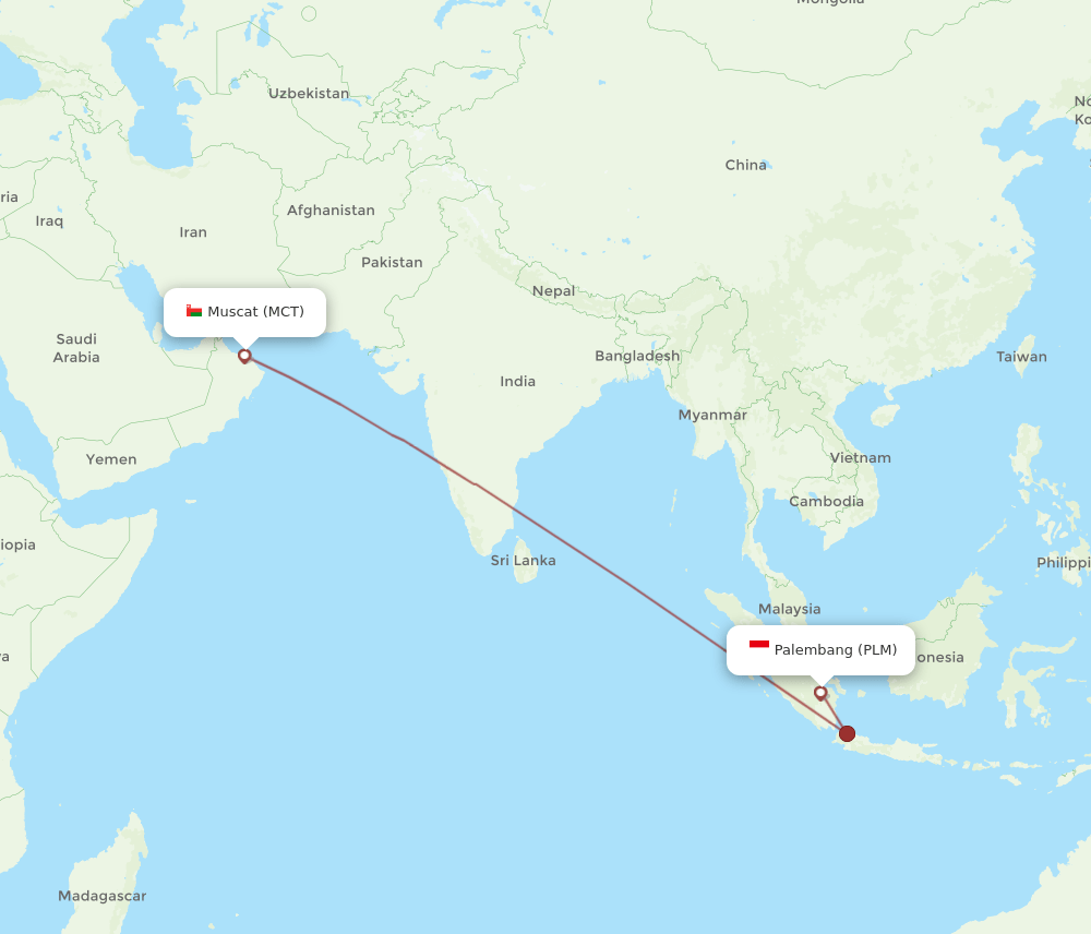 Muscat - Palembang route map and flight paths