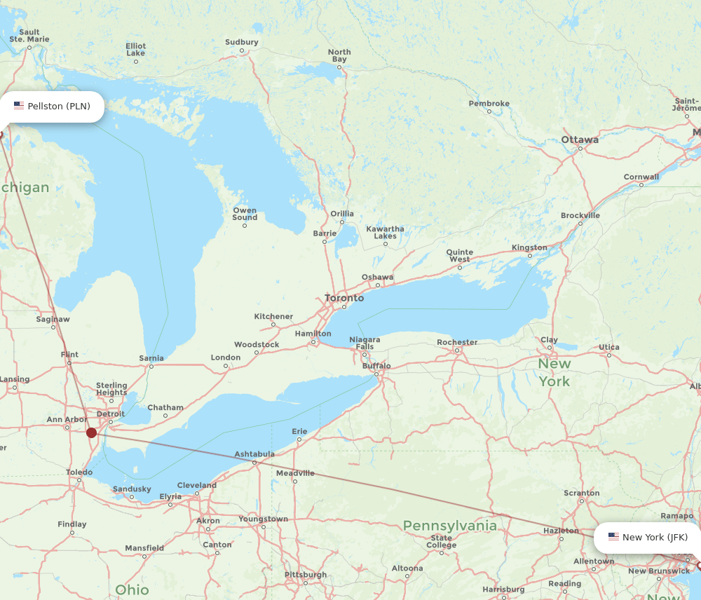 PLN-JFK flight routes