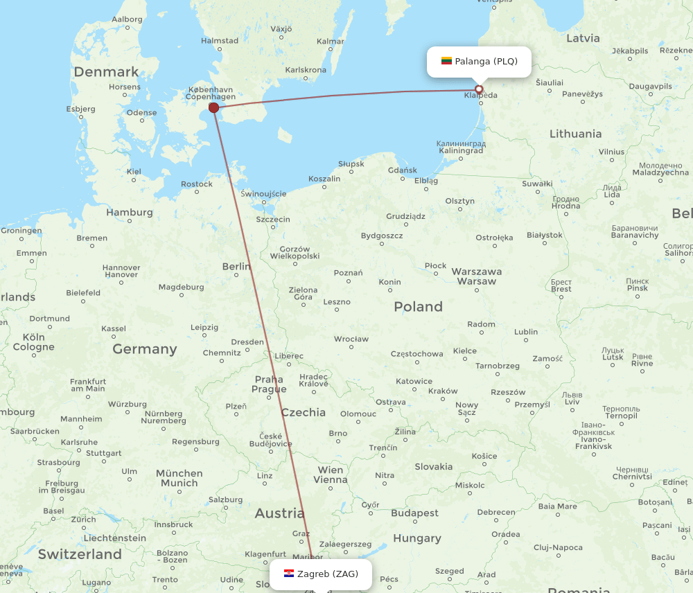 Zagreb - Palanga route map and flight paths