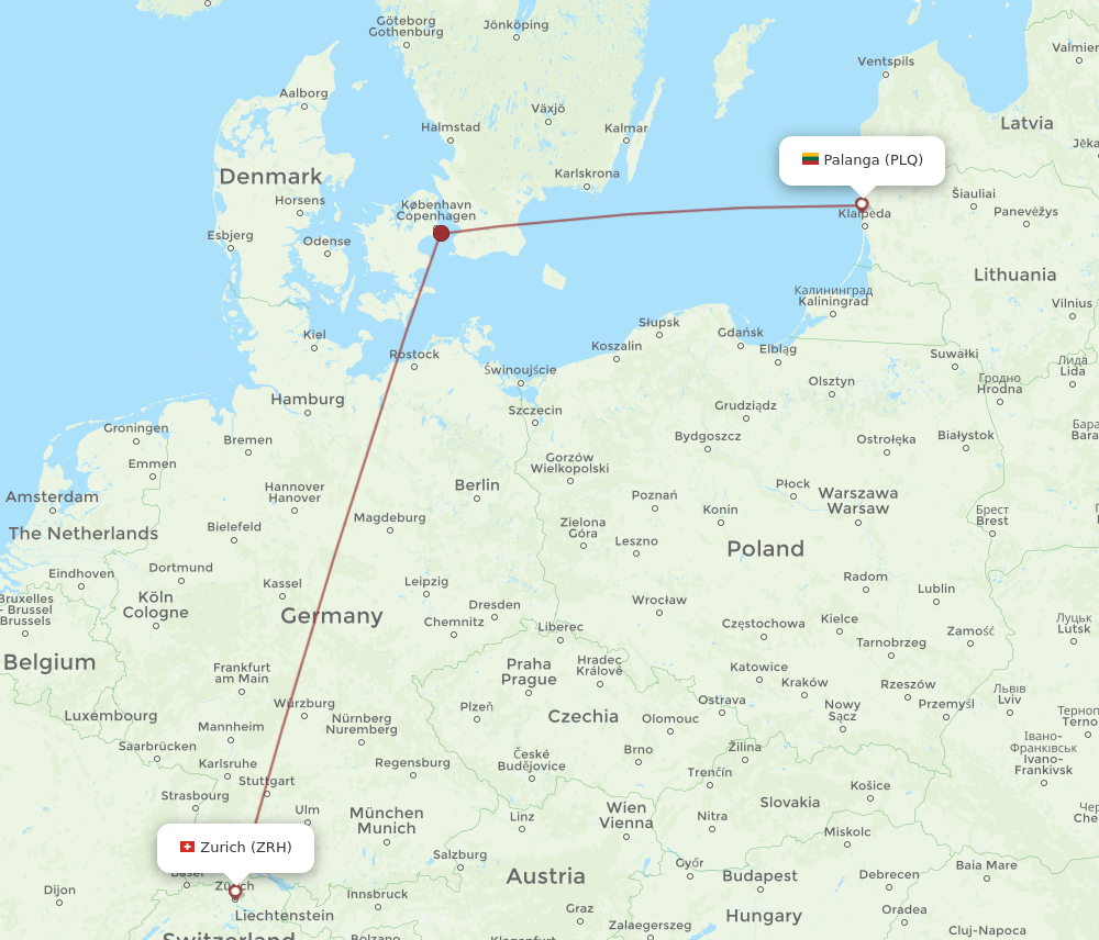 Zurich - Palanga route map and flight paths