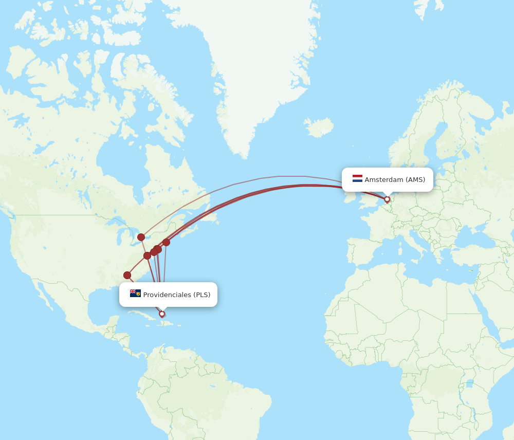 PLS to AMS flights and routes map