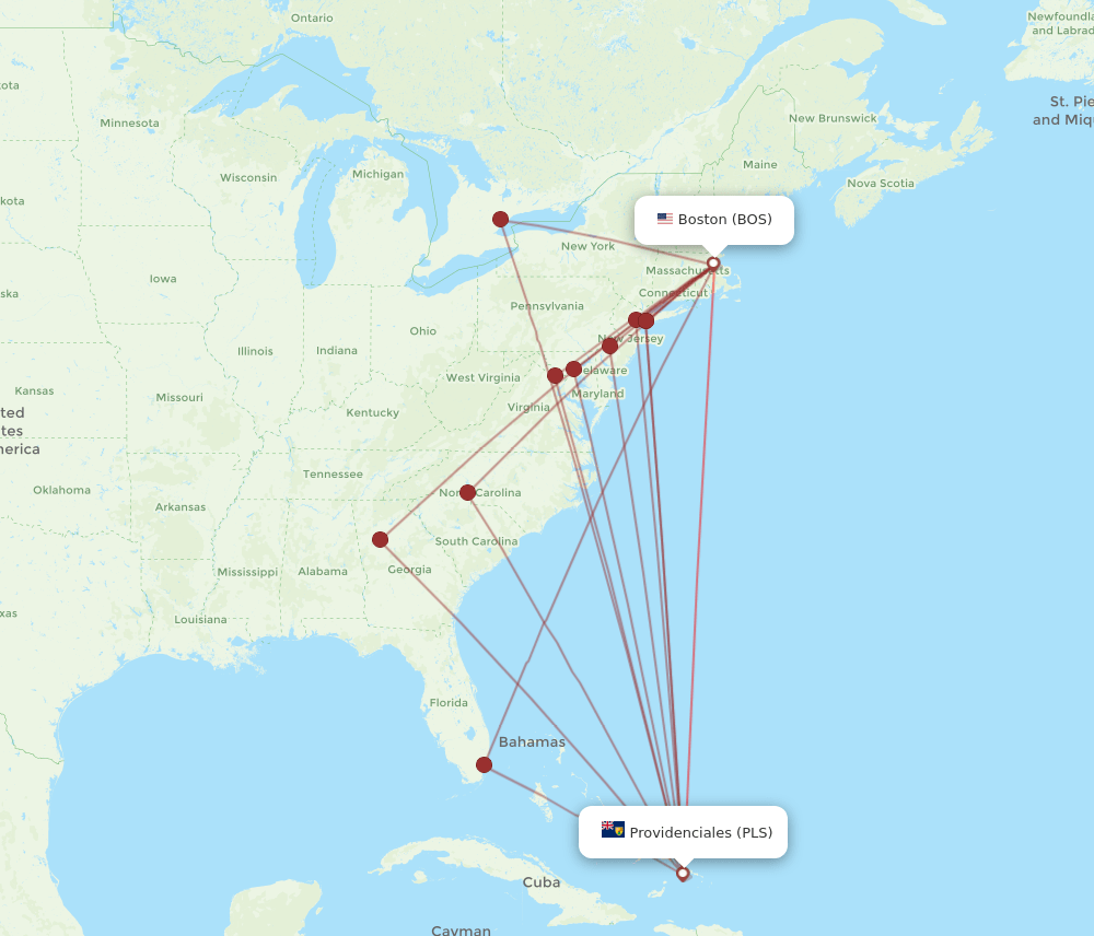 PLS to BOS flights and routes map