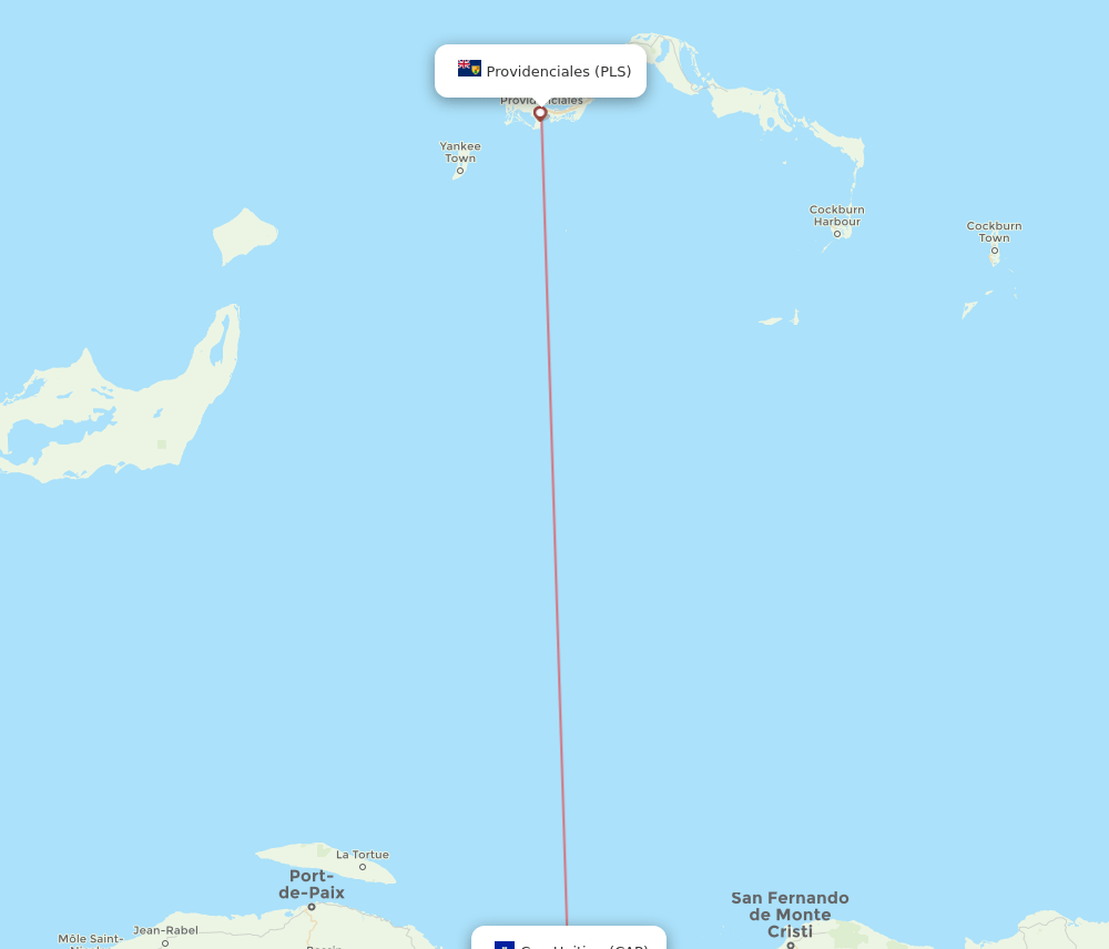 Providenciales - Cap Haitien route map and flight paths